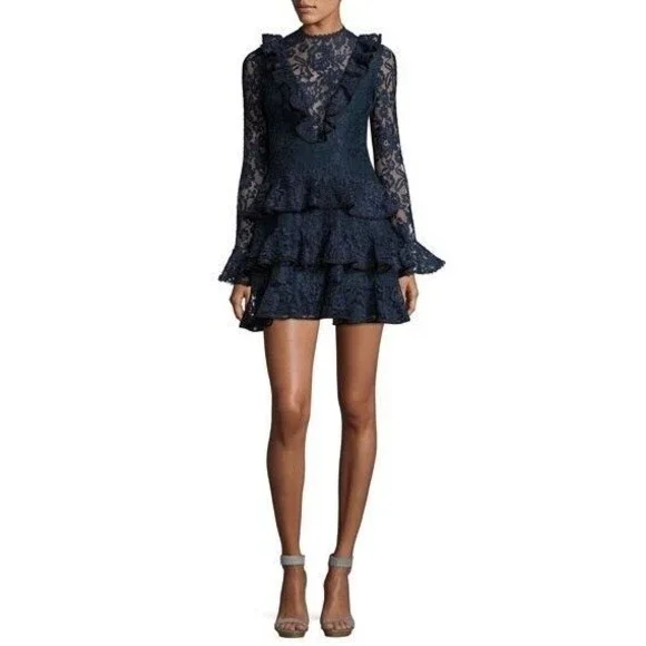 Alexis Tracie Long Sleeve Tiered Ruffled Lace Mini Dress In Navy Size S